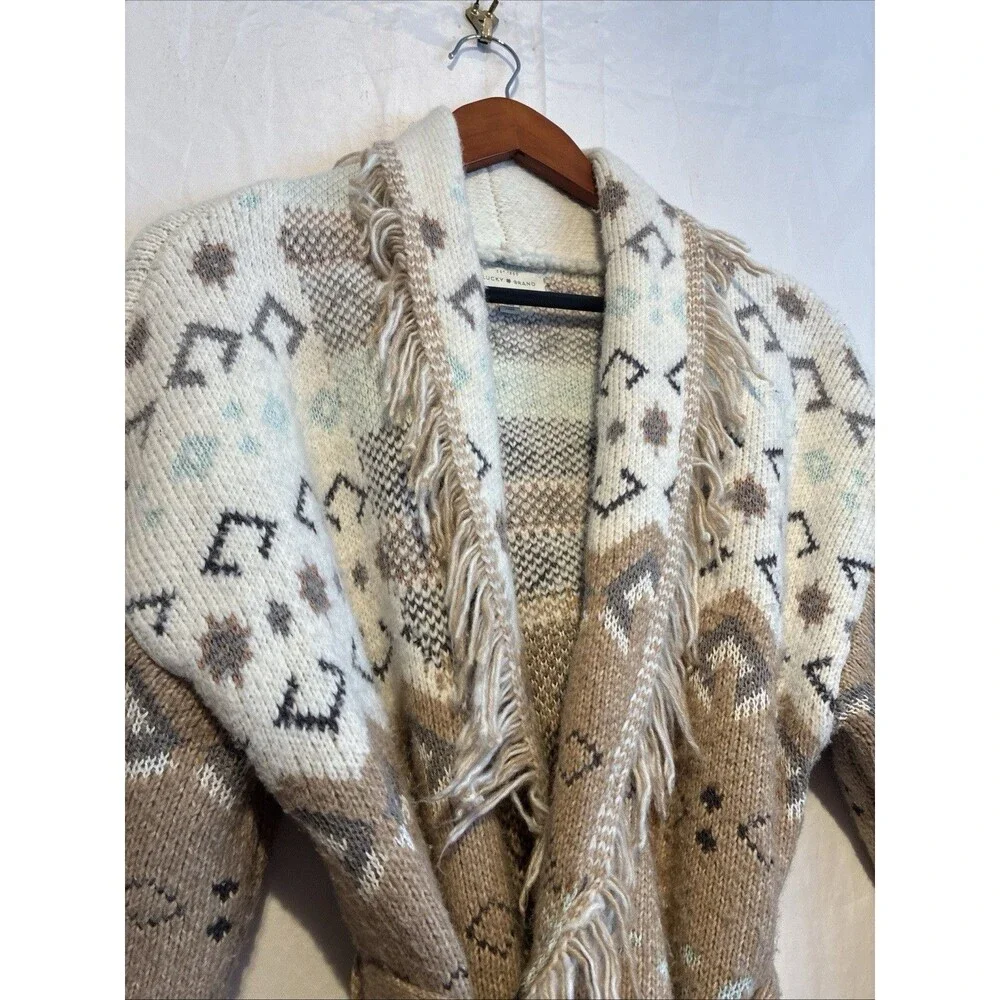 LUCKY BRAND Beige Fair Isle Print Open Front Tie Cardigan Sweater Womens size M - Picture 7 of 13